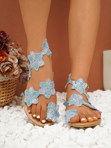 Women Lace Flower Applique Flat <b>Sandals</b> <b>Elastic</b> Ankle Strap Open Toe Summer Beach Ladies Casual Shoes - Product Image 1