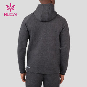 HUCAI OEM produttori di alta qualità nero Marl Zip attraverso gli uomini in pile logo personalizzato semplice sport Fitness Zip up felpe con cappuccio - Product Image 2