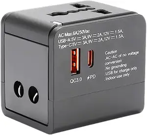 Universal-Reisausstattung 2 USB-Anschlüsse und PD 18 W Schnellladung (1 USB, 1 Typ-C) All-in-One weltweites internationales Wandladegerät