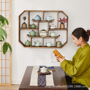 Solid Wood Wall Mounted Tea <b>Shelf</b> Irregular Shape Multi Compartment Chinese Style Display <b>Rack</b> For Tea Room Storage - Product Image 1