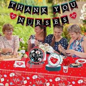 24-Piece Modern Hot Selling Nurse Graduation Party Tableware Set Includes Plates Napkins Cups <b>Tablecloths</b> Hats Congrats - Product Image 3