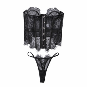 Conjunto de Lencería Sexy para Mujer, Estilo Pure Desire, Encaje de Pestañas, Corsé Moldeador sin Tirantes, Ropa Interior Bordada - Product Image 5
