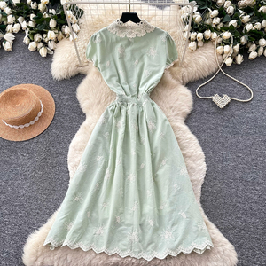Abito lungo estivo elegante da donna con colletto <span class=keywords><strong>Peter</strong></span> Pan, linea ad A, senza maniche, vita alta, ricamo in pizzo - Product Image 4