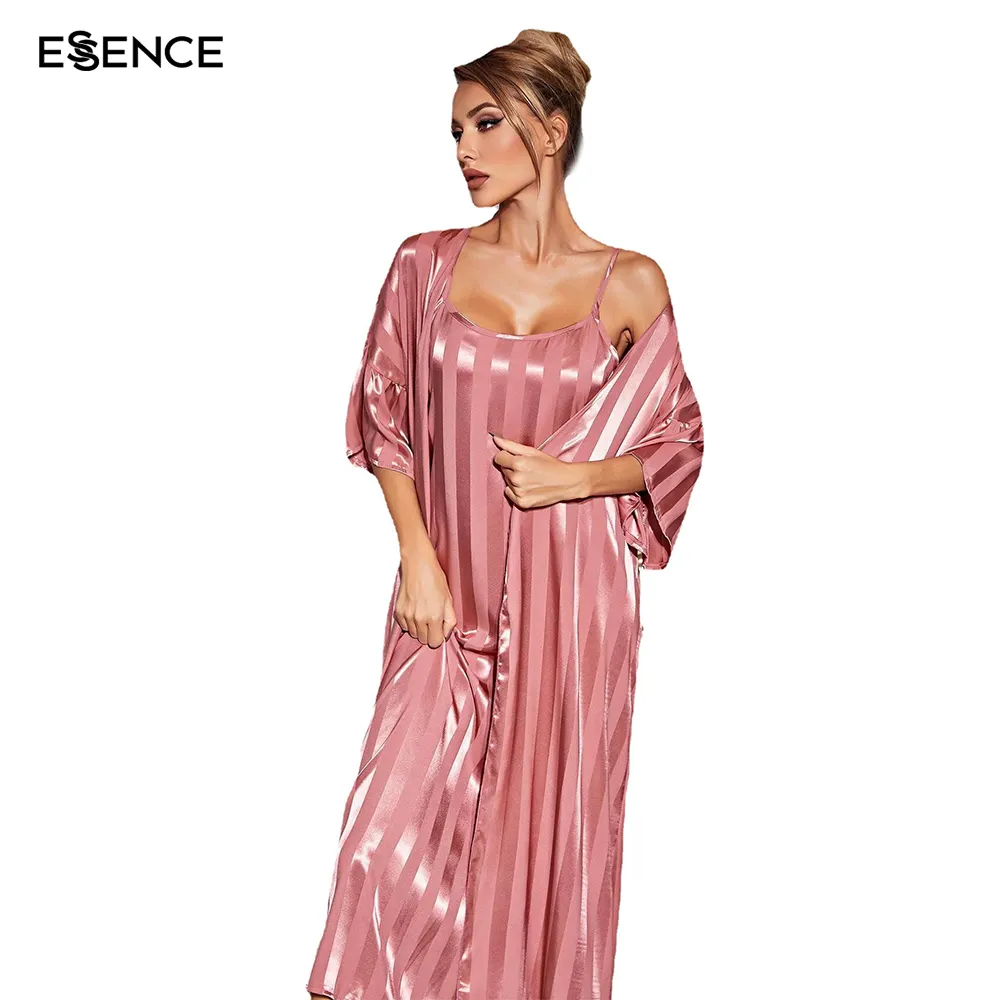 Abito da notte in seta a righe personalizzate 2 pezzi Barbie Pink Bride Wedding Robe set Cami damigella d'onore accappatoi in raso di lusso