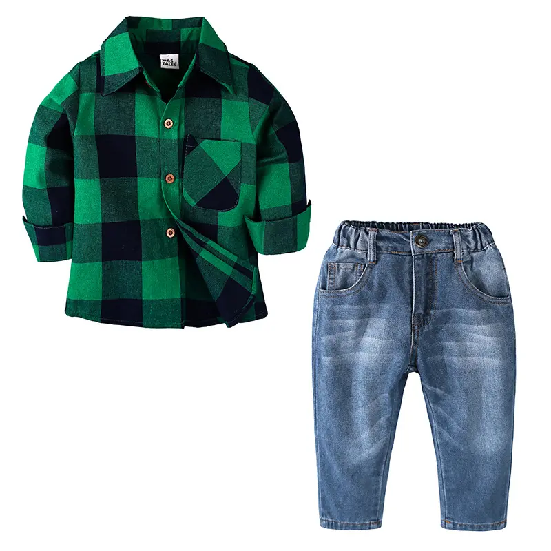 Nieuwste hoge kwaliteit mode lente lange mouw plaid shirt jeans casual boutique kleding outfits kids kinderen jongen kleding 110