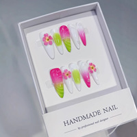 Lot de 10 faux ongles amande faits main, base blanche, dégradé rose-vert, avec fleurs 3D et pierres – Style ongles amande
