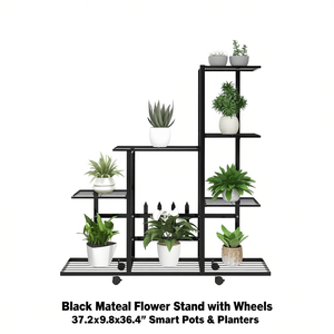 Support à fleurs en métal noir avec roulettes 37,2x9,8x36,4 pouces, pots intelligents, jardinières, décoration intérieure - Product Image 1