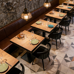 Meubles de restaurant de style steakhouse industriel moderne, canapé en cuir marron <span class=keywords><strong>avec</strong></span> <span class=keywords><strong>table</strong></span> et chaises en bois massif pour usage commercial - Product Image 2