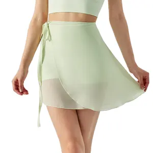 Falda de gasa con perlas de una pieza para Ballet, Falda de baile, Yoga, Hakama, deportes, Fitness, cubierta corta, cortina a tope