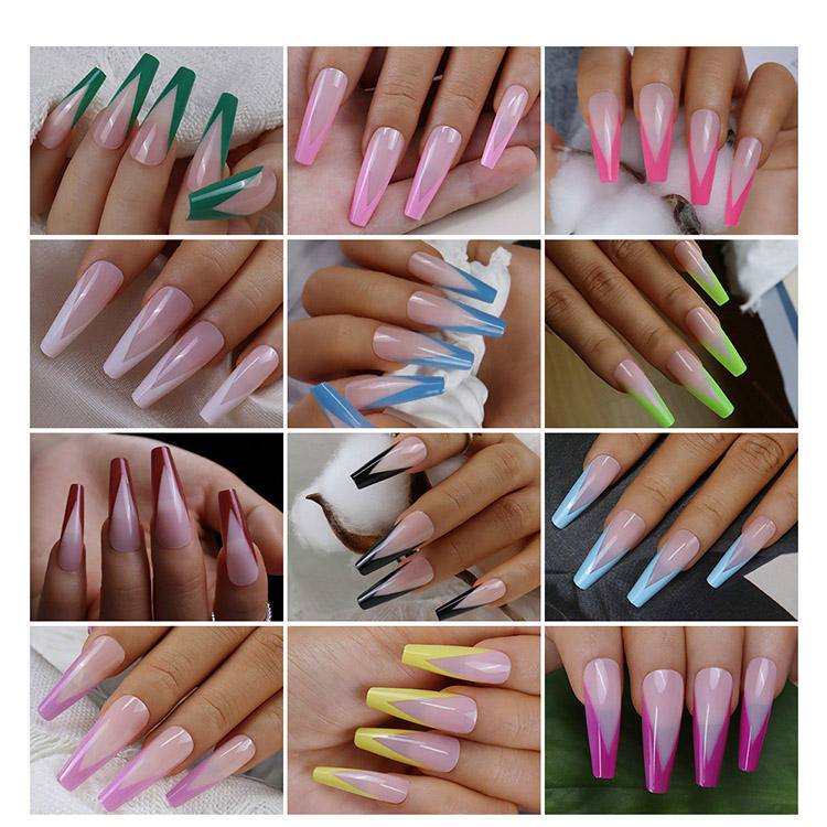 Press on Nails 24 Pieces High Quality French Coffin Shape Pink Nude Blue Tips False Nails