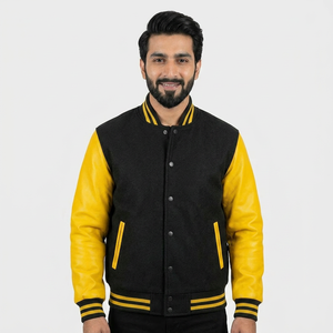 Blouson universitaire décontracté unisexe style Letterman, prix usine, avec manches longues en cuir et patchwork en laine, col montant - Product Image 1