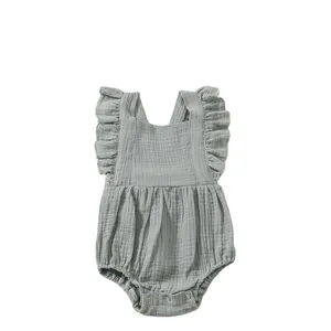 Jumpsuit lengan penuh untuk anak bayi 6-24m renda Terry atasan penjualan populer harga rendah polos Onesie Ruffle baju monyet bayi penutup bayi