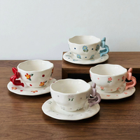 Ensemble tasse à café et soucoupe en céramique peinte à la main style Ins 220 ml avec poignée nœud papillon, 4 styles disponibles pour le thé de l'après-midi