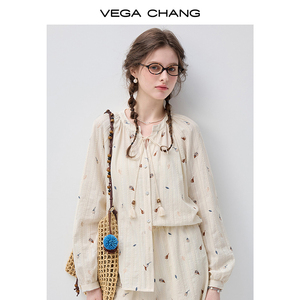 VEGA CHANG Women's <strong>Boho</strong> Style Embroidered Blouse Beige Tie Neck with Tassel Long Sleeve Casual <strong>Shirt</strong> for Daily Wear - Product Image 1