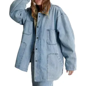 manufacture casual wear oversize washed blue buttons up big pockets denim jacket shirt for women