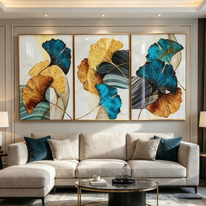 Modern Custom Glitter Gold Teal Ginkgo Leaf 3 Panel Wall Art <b>Framed</b> Abstract Living Room LED Crystal Porcelain <b>painting</b> Decor - Product Image 6