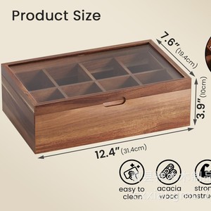Wooden <b>Tea</b> Bag <b>Box</b> With Transparent Lid Rectangle Desktop Storage Solid Wood Multi Compartment Organizer For Coffee Or <b>Tea</b> - Product Image 5
