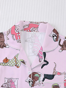Ensemble pyjama deux pièces pour femme, imprimé chat de dessin animé mignon, col à revers, manches courtes boutonnées, short, vêtements de détente doux, taille personnalisée, grandes tailles - Product Image 5