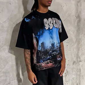 T-shirt pour homme en coton 100% lourd, imprimé graphique vintage délavé, style streetwear surdimensionné avec logo personnalisé en strass - Product Image 1