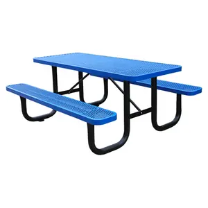 Outdoor Thermoplastic Steel Round Commercial Picnic Table Bench Restaurant Outside Furniture Metal Dining Table With Umbrella