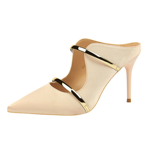 1788-2 stile europeo e Americano femminile <span class=keywords><strong>sexy</strong></span> sandali stiletto tacco alto in raso bocca superficiale a punta cava di metallo pantofole - Product Image 5