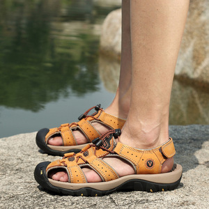Men <b>Closed</b> <b>Toe</b> Leather <b>Sandals</b> Summer Outdoor Anti Slip Hiking Shoes Rubber Sole EVA Midsole - Product Image 4