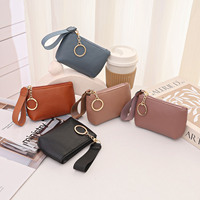 Porte-monnaie en cuir PU pour femmes, avec porte-clés, sangle de poignet, fermeture éclair, mini portefeuille, petite pochette pour cartes et pièces de monnaie