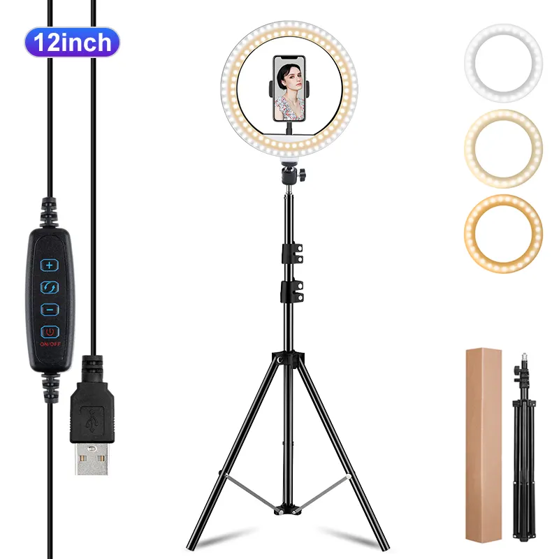 12 inch Dimmable fill lamp retractable 2.1m tripod mobile phone holder, selfie ring light with tripod stand for make up