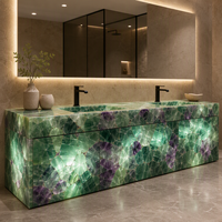 Dalle de pierre semi-précieuse en agates vertes et fluorite, polie sur mesure pour comptoir de réception d'hôtel et restaurant