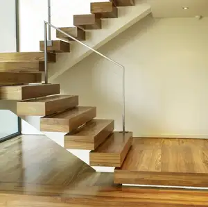 Duplex house glass floating stairs solid wood tread staircase