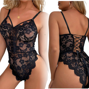 Body de encaje para mujer, negro, transparente, sin espalda, con entrepierna abierta, lencería sexy, camisola. - Product Image 1