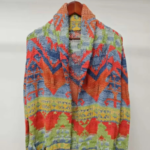 Colorful Ethnic Patterned Casual Knitted <b>Cardigan</b> <b>with</b> Notched Collar <b>Pockets</b> Front Logo - Product Image 1