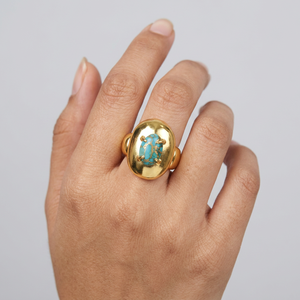 Modern jewelry blue copper turquoise oval stone <b>adjustable</b> <b>ring</b> brass 18k gold plated prong set bold statement cocktail <b>rings</b> - Product Image 1