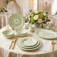 Assiettes élégantes en porcelaine fine à motifs géométriques, vaisselle en céramique rayée verte, services de table ethniques en porcelaine pour mariage, assiettes à salade et à soupe