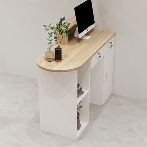 Bureau d'accueil minimaliste moderne avec étagère de rangement, finition blanche et bois, pour bureau ou salon - Product Image 3