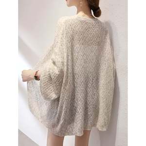 Women's <b>Beige</b> Hollow Out Open Stitch Lantern Sleeve Knit <b>Cardigan</b> - Product Image 6