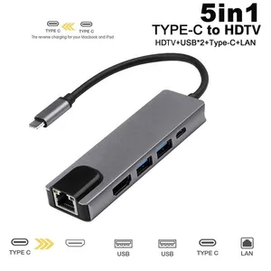 Custom Universal 5 In 1 Type C To Hdtv Usb Type C Hub To Ethernet Adapter With Gigabit 500mbps Ethernet Port For Macbook/mobile