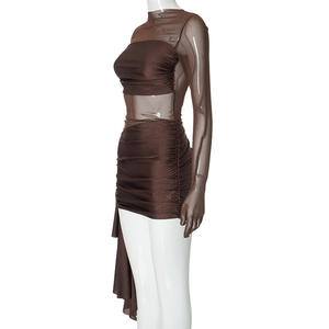 Gaun Kasual Mesh Stretch Baru Dengan Kerut Leher Bulat dan Mesh Transparan Gaun Musim Panas Wanita 2026 Produk Trendi - Product Image 5