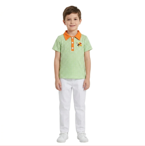 Green Plaid Short Sleeve Breathable Spandex/Polyester Polo Shirt with O-Neck Collar and Turkey Embroidery for <b>Boys</b> - Product Image 3