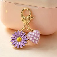 Porte-clés à fermoir mousqueton texturé en forme de cœur, double breloque en émail marguerite et cœur à pois, pendentif mignon pour sac et téléphone