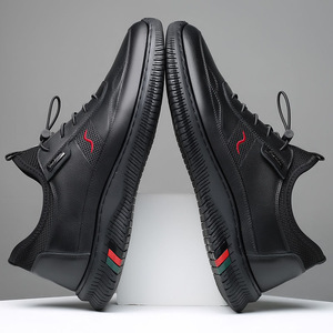 Men's Casual Leather Shoes Round Toe Lace Up Breathable Mesh Lining <b>Rubber</b> Sole British Style Black Solid Color <b>Strip</b> Decoration - Product Image 4