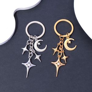 Minimalist Hollow-Out Keychain Four-Pointed Star & Crescent Moon Metal Pendant for <b>Bags</b> & Keys Elegant <b>Gift</b> - Product Image 2