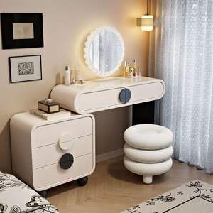 Table de toilette moderne en bois massif, écologique, crème, éclairée, extensible, table de maquillage de chevet, commode à tiroirs pour chambre à coucher, utilisation en hôtel - Product Image 5