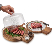 Plateau à steak en bois d'acacia avec couvercle en dôme, planche à découper en acier inoxydable pour la reposée de la viande, plateau de service en bois