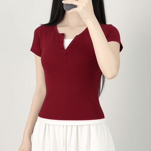 Top de verano con botones y manga corta de algodón ajustado para mujer, Top transpirable de doble capa, venta al por mayor - Product Image 3