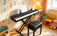 Piano numérique 88 touches lestées, finition PVC imitation bois, alimentation 5V, prise casque pour sortie MIDI, idéal pour débutants