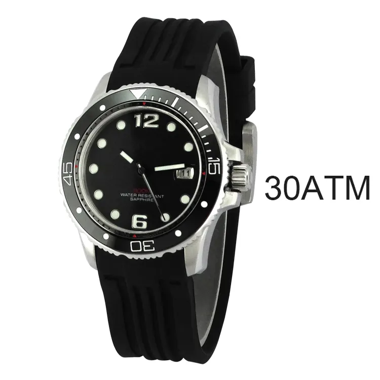 Black SiliconeバンドQuartz movt 30ATM Waterproof Stainless Steel Mens Diver Watch