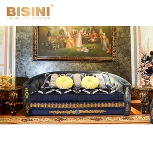 Sofá de madeira de tecido azul nobre, sofá com 24k de bronze azul para decoração de luxo luxuoso, palácio, sala de estar, sofá
