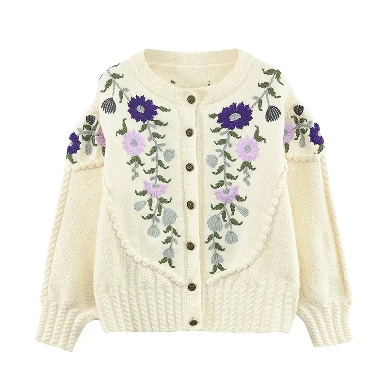 2023 Spring Custom New Retro Beige Cotton Hand Embroidered Jacquard Top Loose Knit Cardigan Women Sweater
