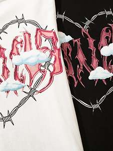 เสื้อยืดแขนยาวสีดำพิมพ์ลายหัวใจลวดหนามและเมฆ คอกลม ทรงหลวม ใส่ได้ทั้งชายและหญิง ทุกฤดูกาล - Product Image 6